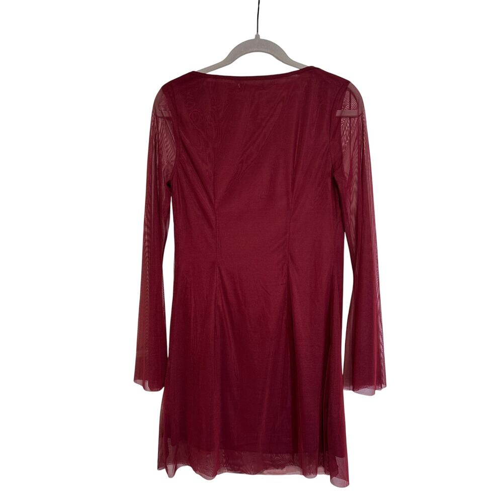 RIHOAS Women's Burgundy Mesh Bell Sleeve Mini Dress Size S NWT - Picture 8 of 8
